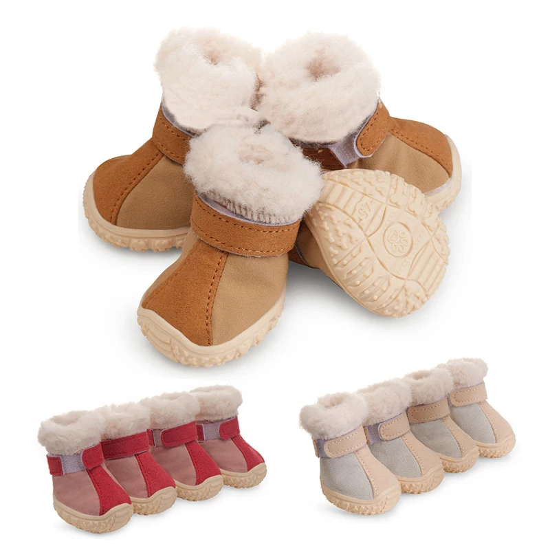 Dog Snow Booties Super Warm Sherpa Suede Small Dog Shoes Non-Slip Anti-Kick Winter Dog Boots Soft Waterproof Puppy Paw Protector