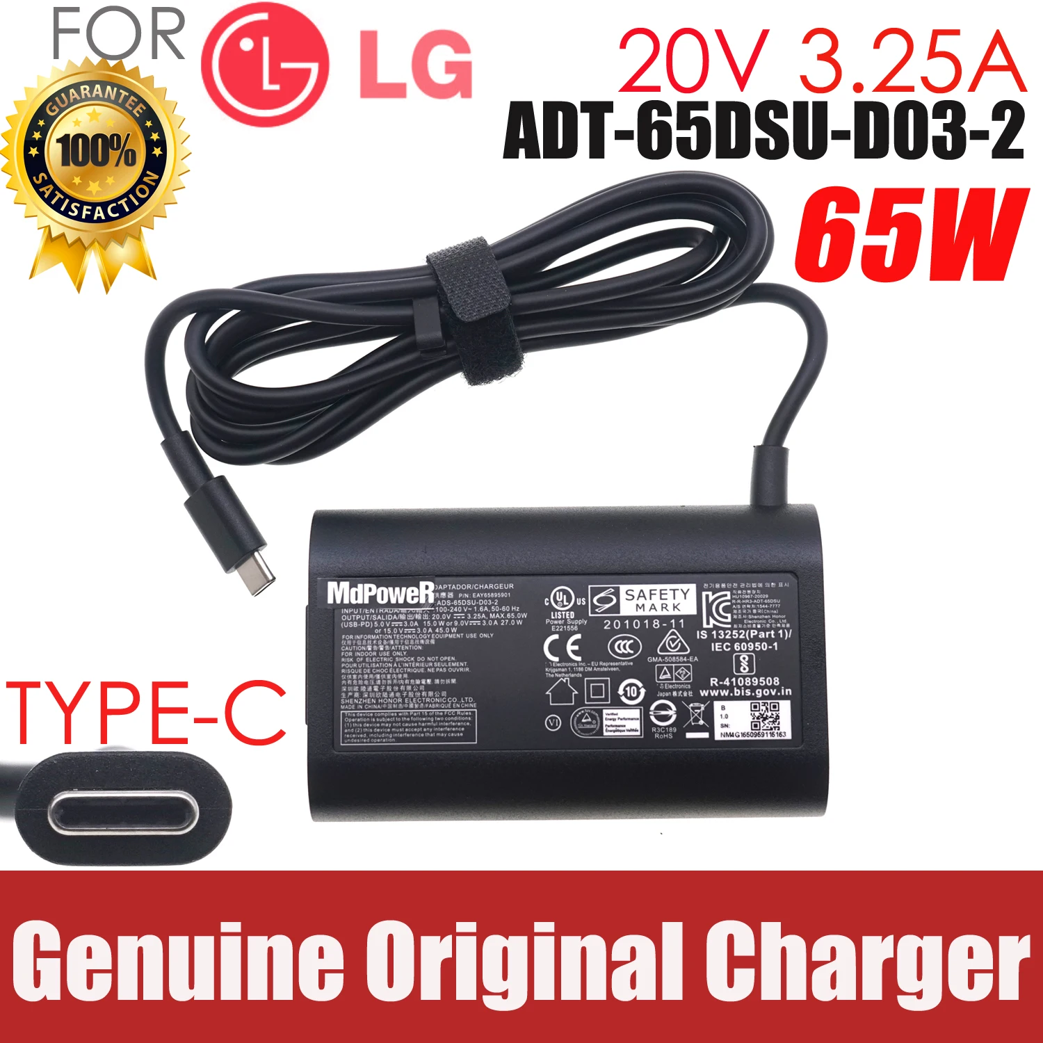 

Original 65W USB-C 20V 3.25A AC/DC Adapter for LG gram 15Z90Q 16Z90Q 17Z90Q 16Z95PD 17Z90P-K.ADC9U1 AADT-65DSU-D03-2 Charger