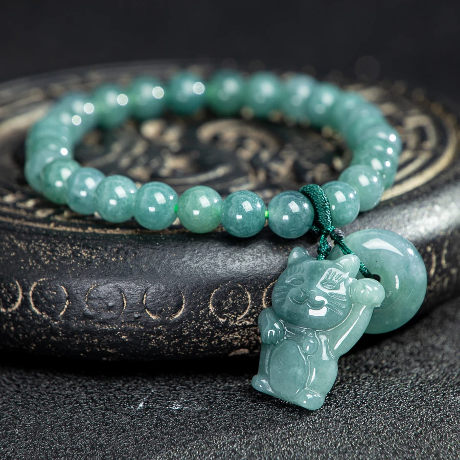 

TIMESWIND Natural A-type Jade Wealth Cat Safety Buckle Hand-Woven Women Bracelet with Certificate