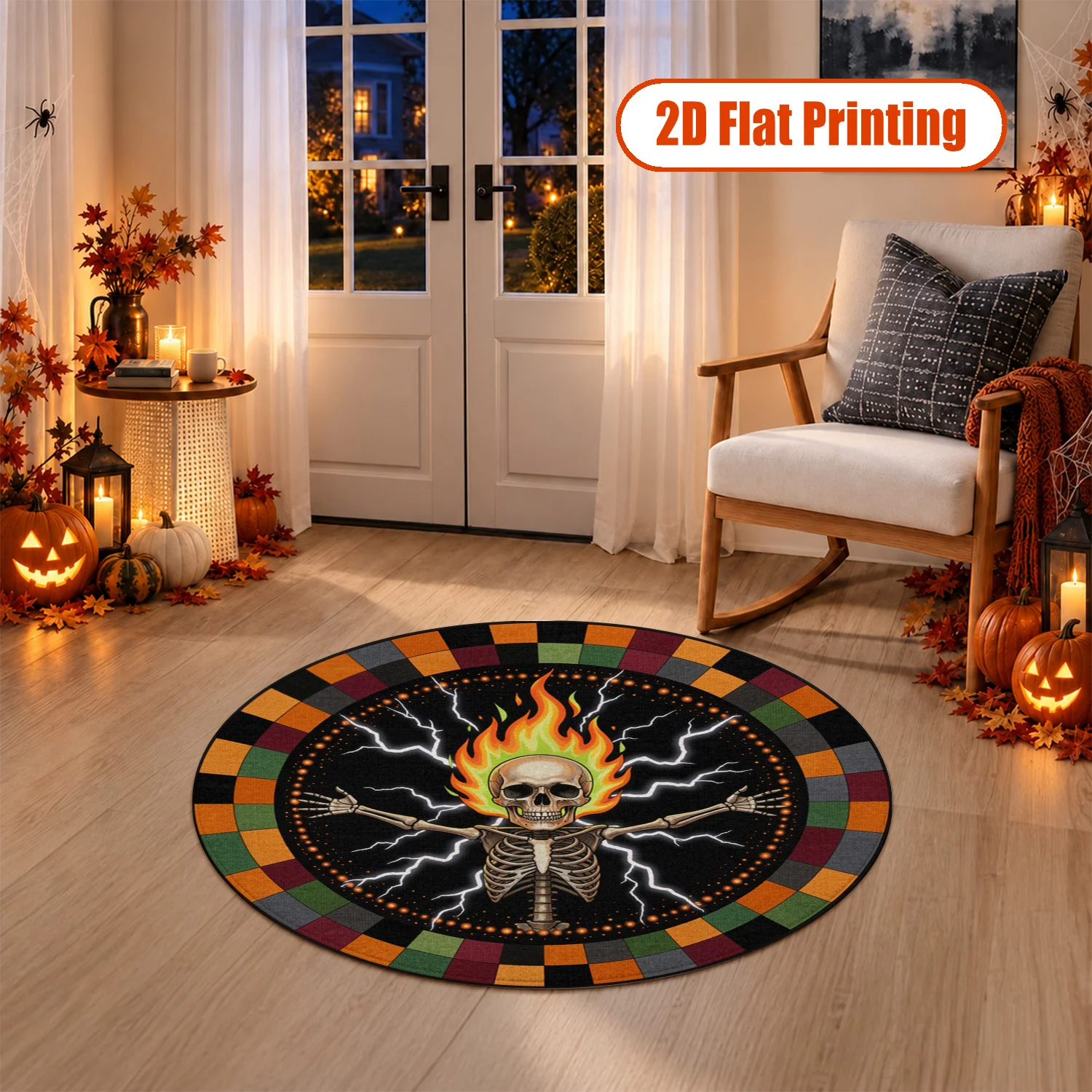 Flaming Skeleton with Lightning Round Rug, Velvet Machine Washable Area Rug, Stays in Place, Ideal for Living Room, Bedroom, Entryway, Great for Halloween, Thanksgiving, Christmas, New Year, Black Friday, Cyber Monday Decor