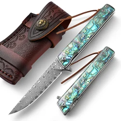 Coltello pieghevole in acciaio damasco DRACHENADER, coltello da tasca per autodifesa per uomo, manico in Abalone, coltelli regalo, Multi-strumento da campeggio