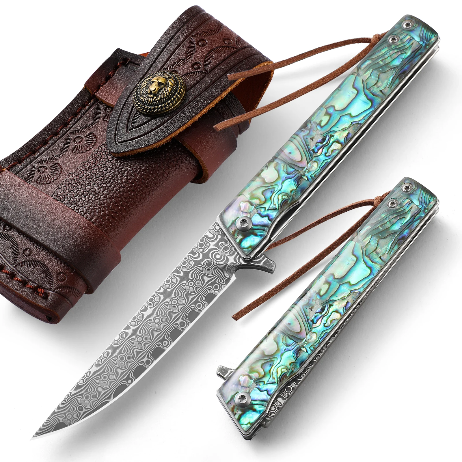 DRACHENADER Damascus Steel Folding Knife, Self Defense Pocket Knife for Men, Abalone Handle, Gift Knives, Camping Multi-tool