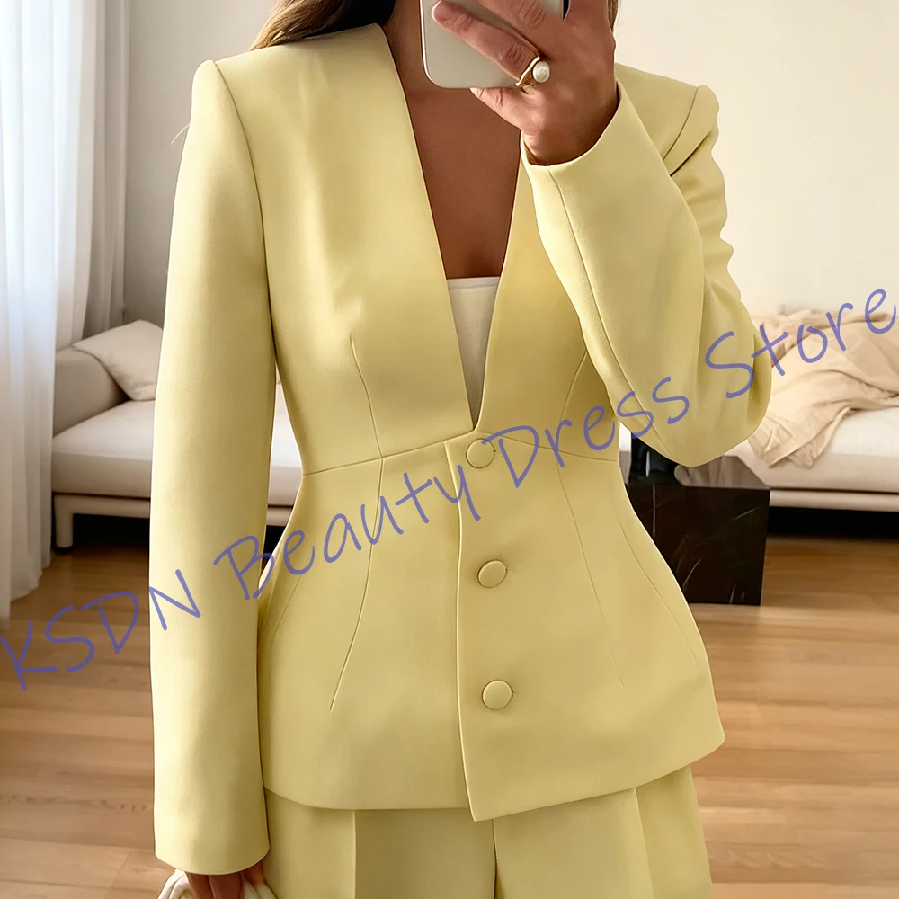 

Elegant Women Yellow Clothes Single Breasted Deep V-neck Slim Fit Suit Vintage Tailored Blazer+Pants Sets for Daily Office Lady