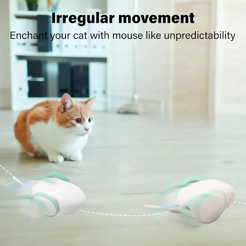 Robot Mouse Cat Toy Smart Sensing Moving Electric Automatic Cat Mouse Toy with LED Light Replaceable Feather USB Rechargeable