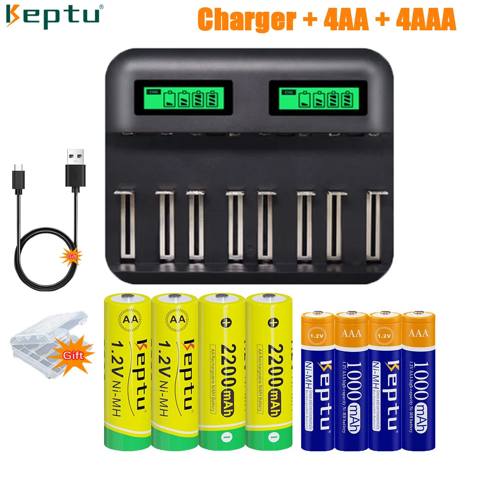 

KEPTU Brand 1.2V AA / AAA / C / D size rechargeable Ni-Mh battery AA 2200mAh AAA 1000mAh with 8-Slot LCD AA/AAA battery charger