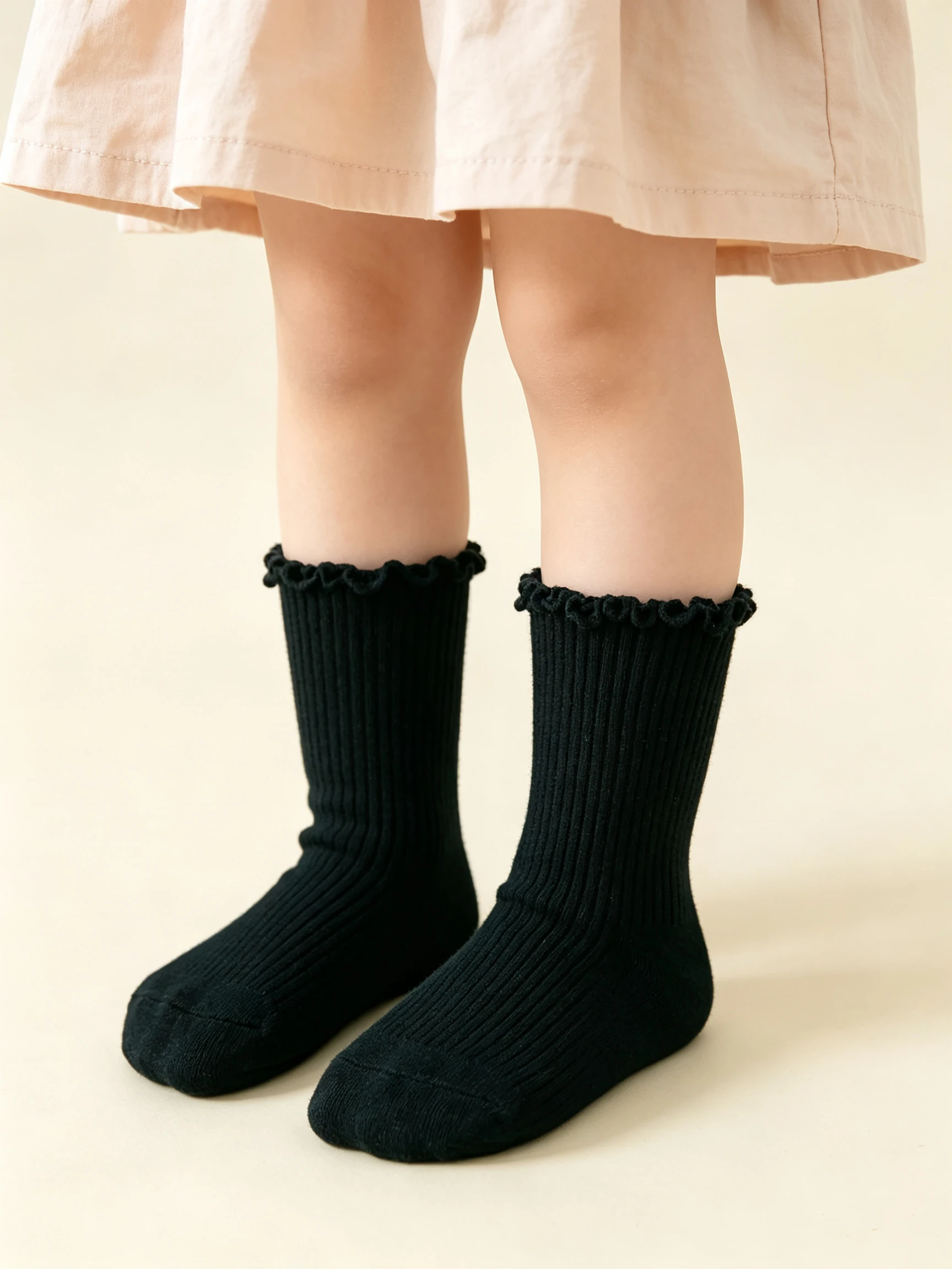 3 Paar einfarbige Kleinkindsocken mit Rüschenbündchen, gerippte, atmungsaktive mittelhohe Mädchensocken, weiche, dehnbare Kinder-Freizeitsocken für alle Jahreszeiten, für 1–12 Jahre – Detail 5