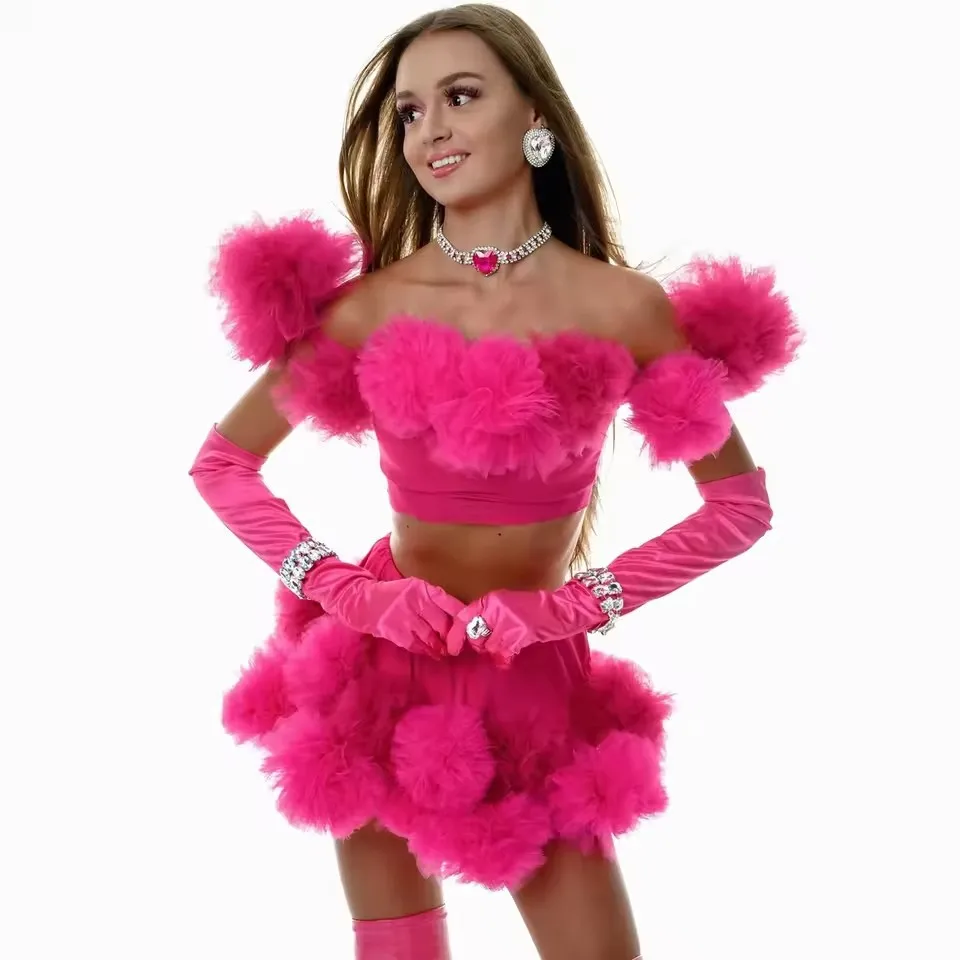 

Блестящие короткие ярко-розовые тюлевые коктейльные платья из двух частей, милое короткое платье из двух частей