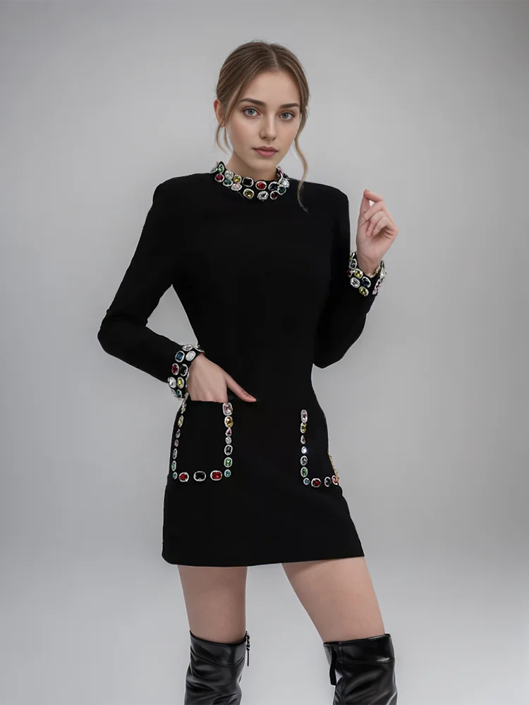 Solid Patchwork Diamonds Temperament Dresses For Women Stand Collar Long Sleeve High Waist Slimming Mini Dress Female New