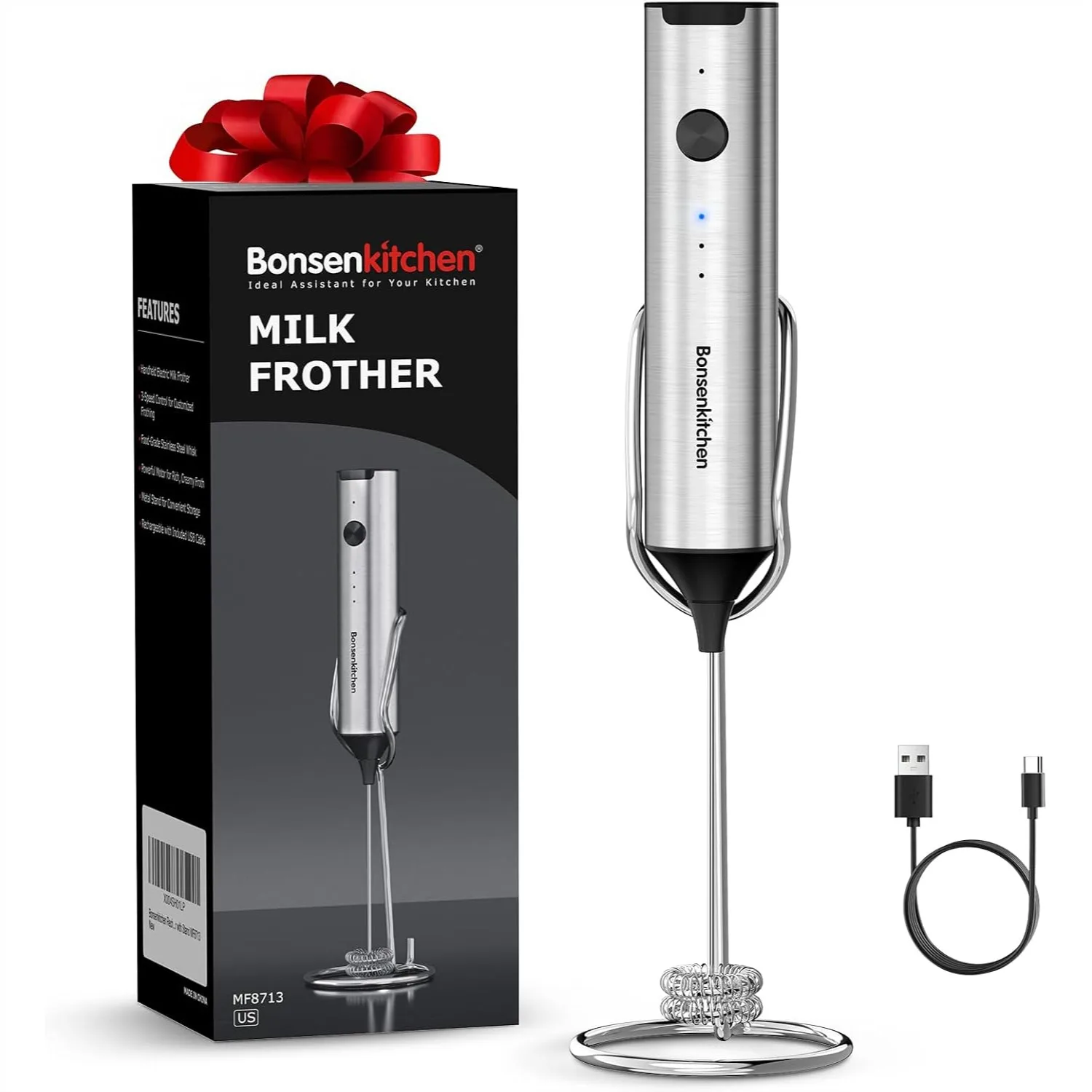 

Rechargeable Milk Frother With Stand, 3-Speed Handheld Coffee Frother Dual Spring Whisk Electric Drink Mixer For Matcha Lattes Cappuccino Kitchen Gifts