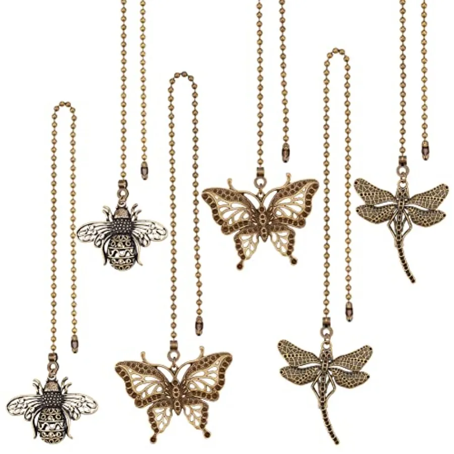 6Pcs 3 Styels Butterfly Bee Ceiling Fan Pull Chain, Vintage Dragonfly Extender Chain Charm Lamp Decorative Pull Chain with Iron
