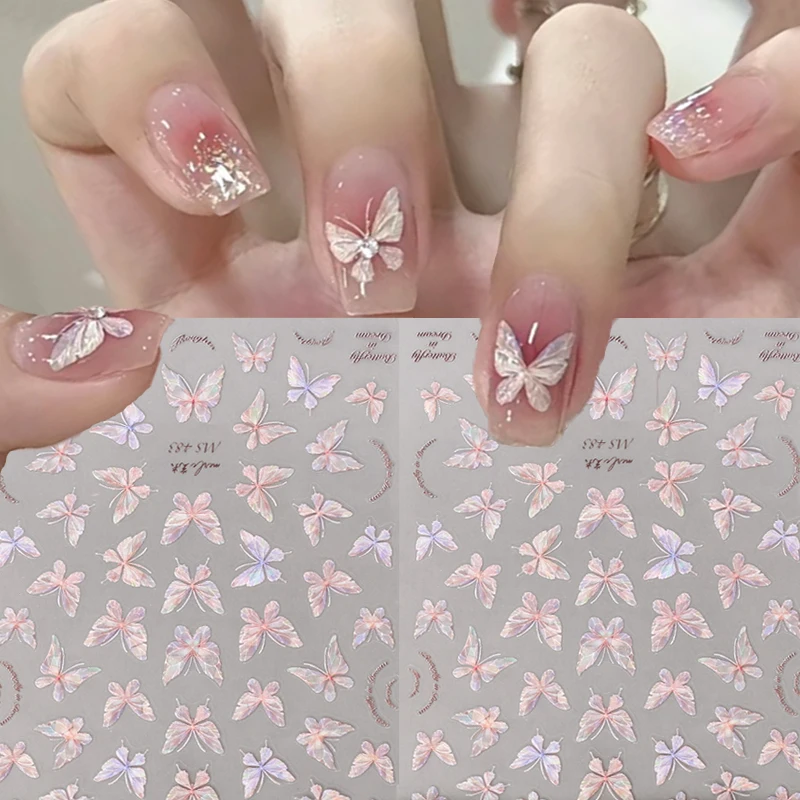 

1/3 Sheets Aurora Shell Light Pink Butterfly Nail Sticker 3D Relief Butterfly DIY Nail Art Sticker Manicure Accessory Decoration