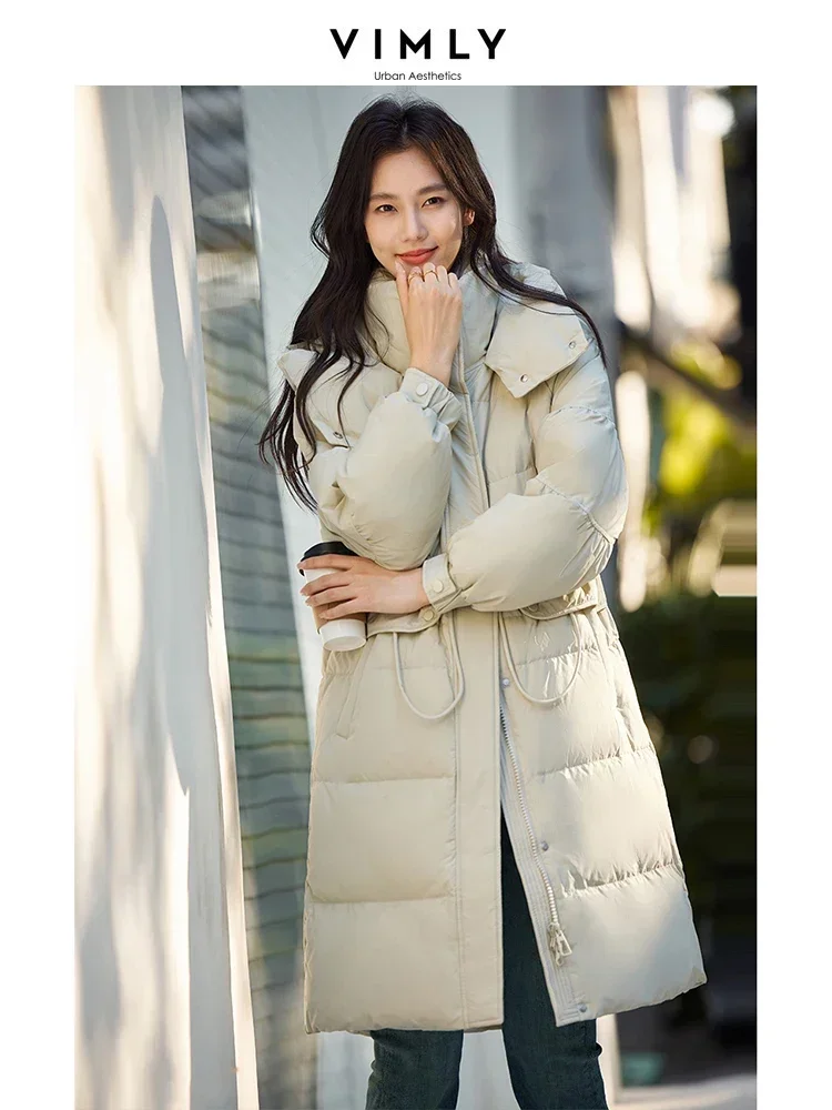 VIMLY Women\'s Commuter White Duck Down Jacket Thick Loose Outerwear Warm Lapel Hooded Overcoat Urban Casual Long Parka Coat