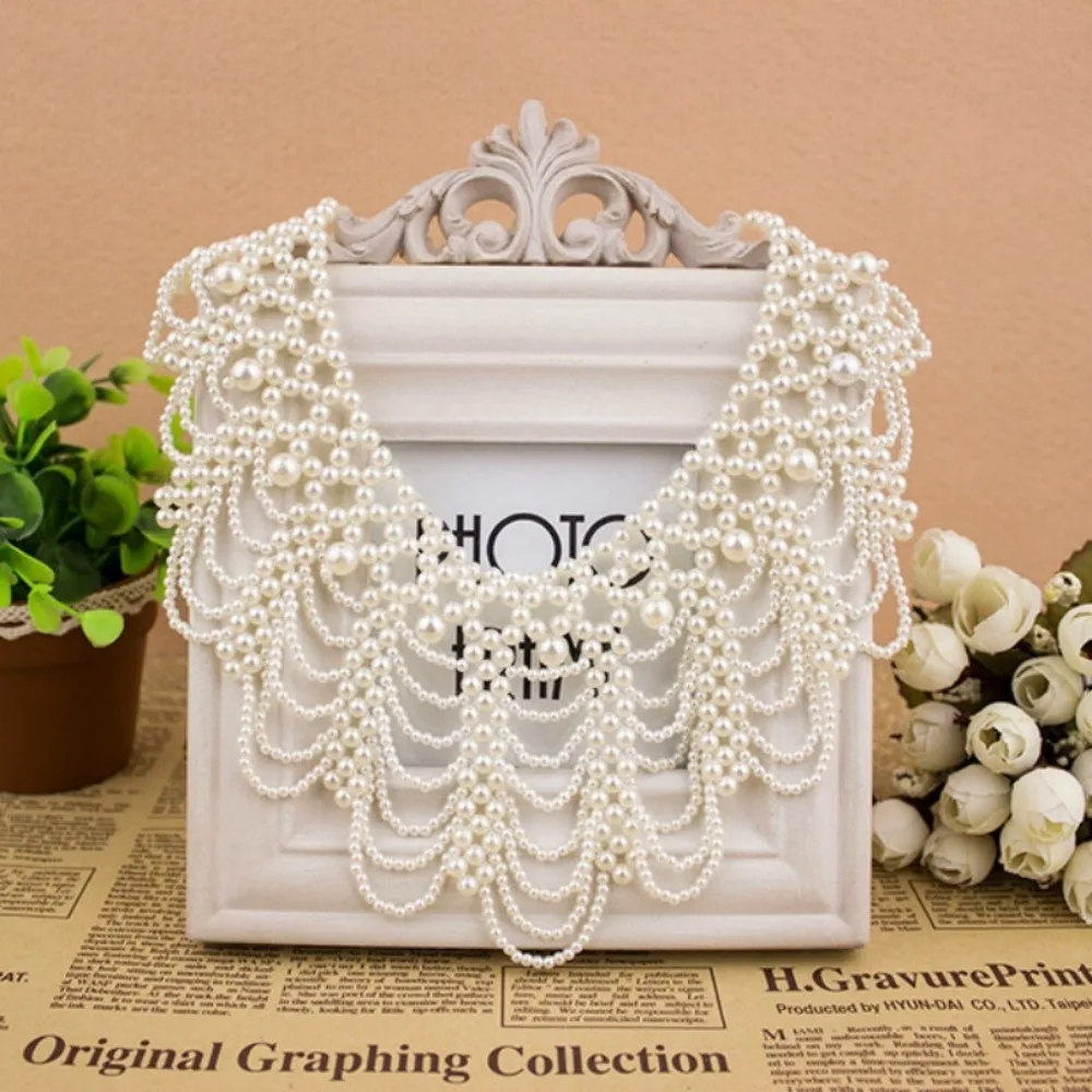 Pearl Beaded Lace Trim Collar Ribbons Women Necklace Jewelry for Clothes Wedding Dress