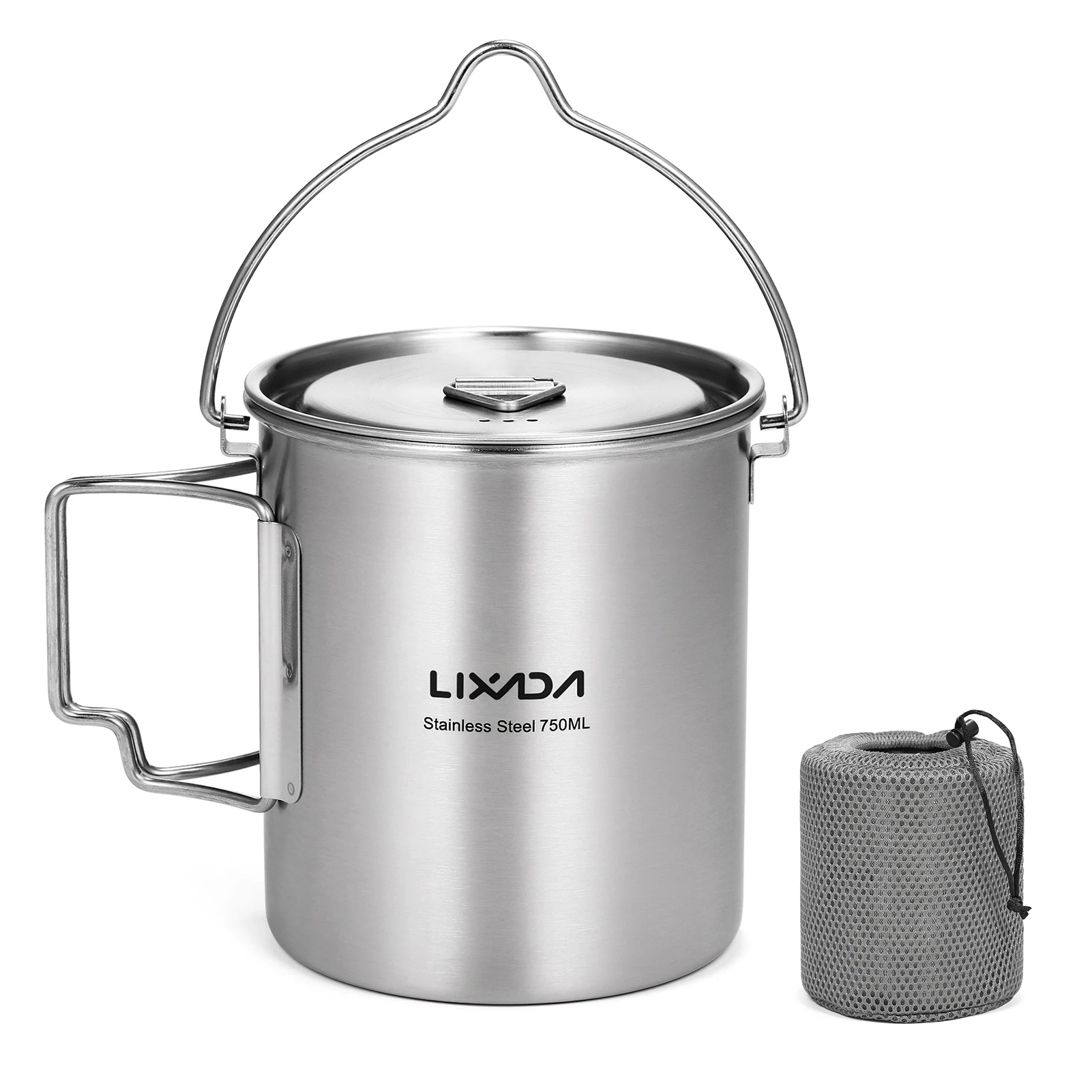 LIXADA 750ml Stainless Steel Pot Portable Water Mug Cup with Lid and Foldable Handle Outdoor Camping Cooking Picnic Equipment