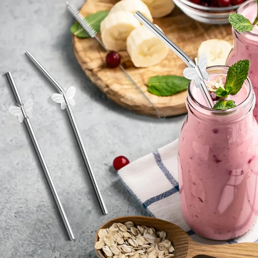 8 упаковок 8-дюймовых многоразовых металлических соломинок из нержавеющей стали, 4 прямых + 4 изогнутых металлических трубочек для питья для напитков с маслом