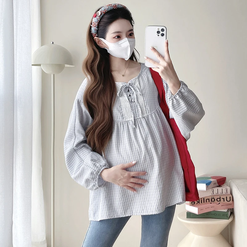 Autumn New Plaid Shirts for Maternity Long Lantern Sleeve Drawstring Lace Ribbon O-Neck Blouses Plus Size Pregnant Woman Tops