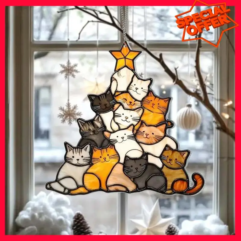 -ESTR القط شجرة عيد الميلاد Suncatcher الاكريليك مكدسة القطط شنقا زخرفة ملونة لشجرة عيد الميلاد الديكور لنافذة