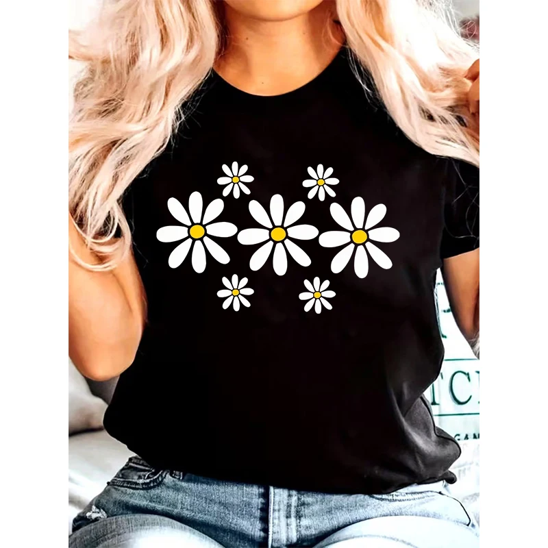 Rundhals-Kurzarm-T-Shirt mit kleinem Gänseblümchen-Aufdruck, lustiges Grafik-T-Shirt für Damen, 90er-Jahre, lässig, Vintage, schwarzes T-Shirt, Tops, Kleidung
