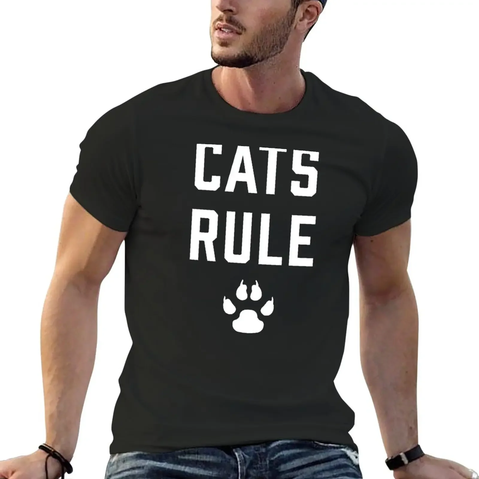 

Cats Rule Funny Cute Feline Lover Novelty Paw Print Cat Lady T-Shirt summer top aesthetic clothes mens white t shirts