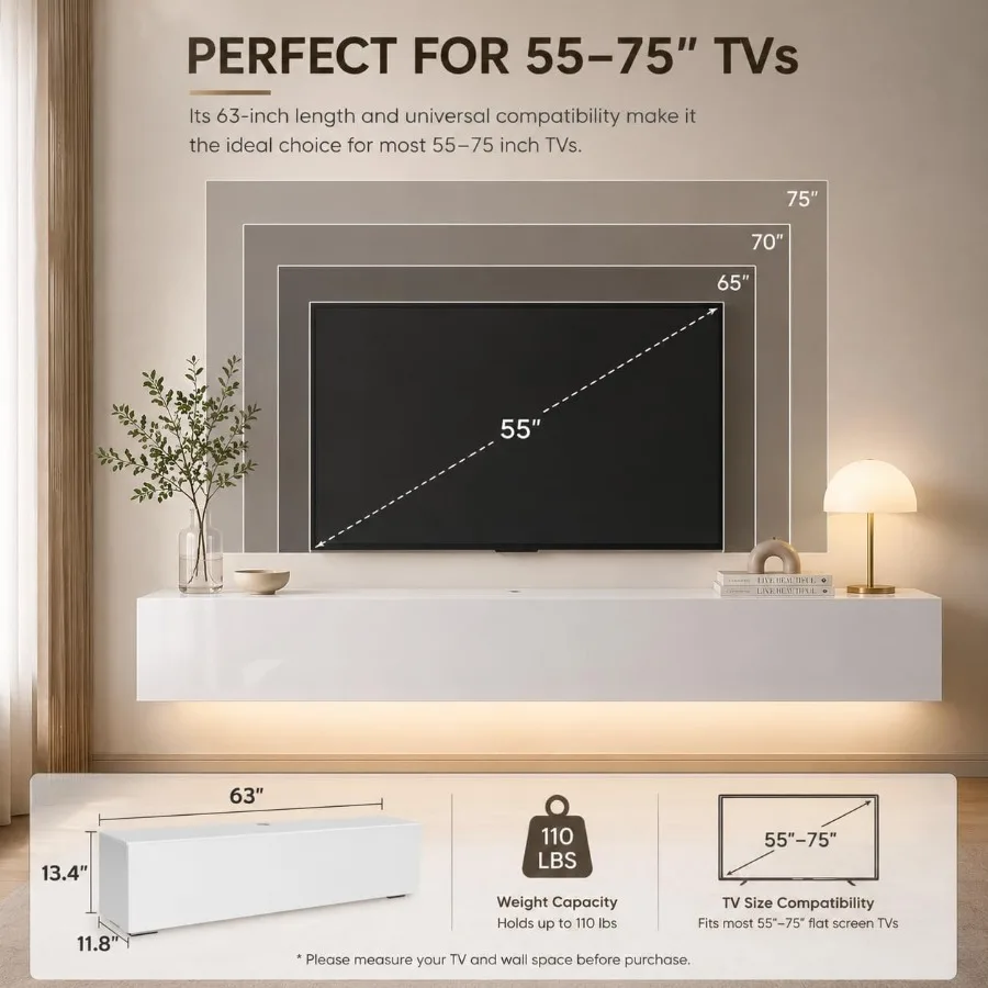 63 Floating TV Stand for Living Room Use, Engineered Wood in Matte Black with Hidden Cable Management and Adjustable Shelves
