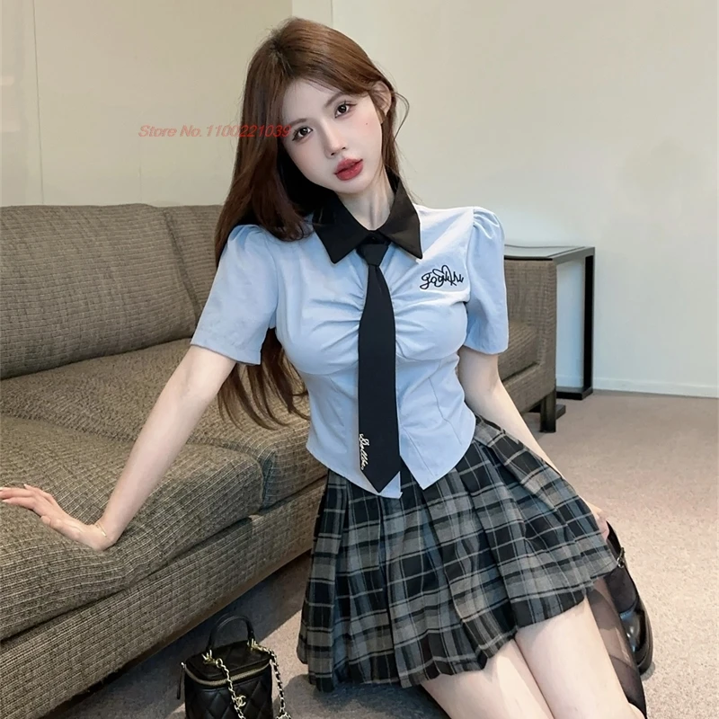 2025 short sleeve uniform set sweet girl's japanese and korean academy two piece set blue shirt +plaid skirt +bow set jk uniform