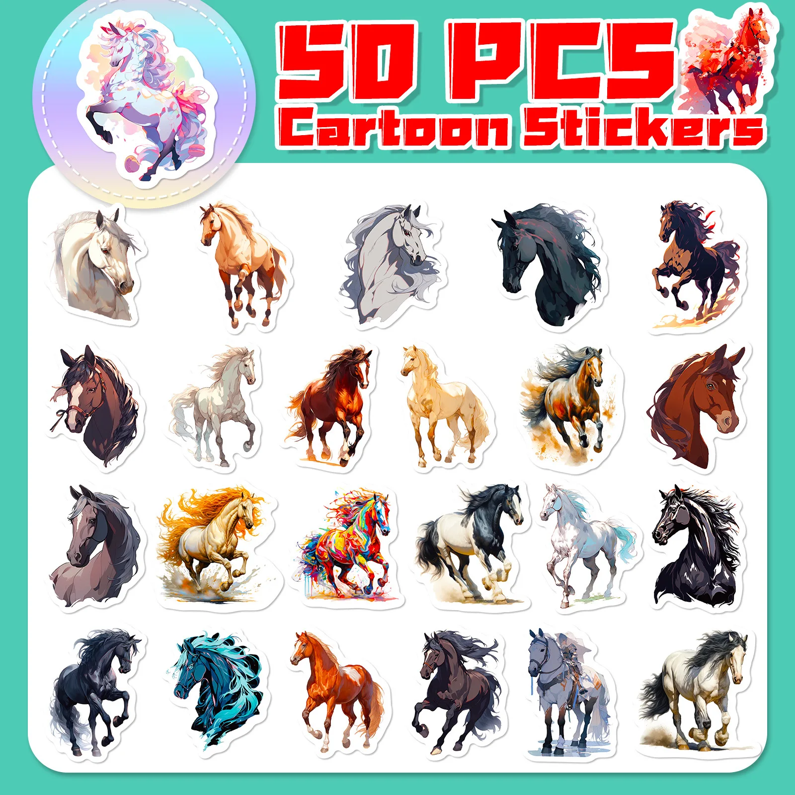 Pegatinas de caballo de dibujos animados, calcomanías estéticas de animales Kawaii, calcomanías para monopatín, portátil, bicicleta, teléfono,