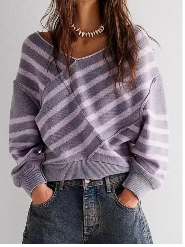 

Contrast Woman Clothing Winter Clothes Pull Femmes Sweater All-match Loose Simple Style Comfortable Striped Long Sleeves Casual