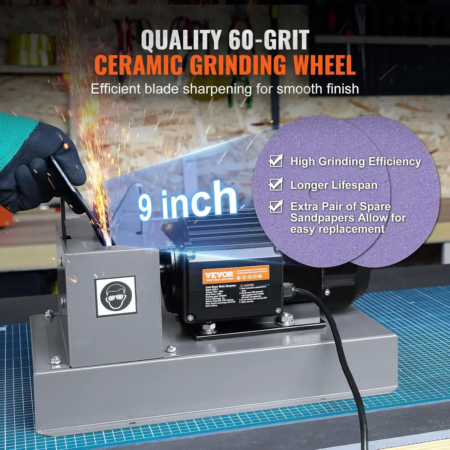 

Lawn Mower Blade Sharpener, 1HP 750W Lawnmower Blade Grinder with 9-inch Ceramic Grinding Wheel