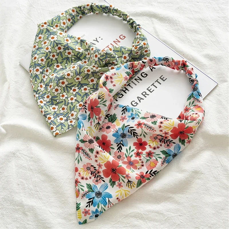 New Floral Turban Triangle Hair Scarf for Women Girls Elastic Flower Headbands Bandannas Pastoral Vintage Hijab Hair Accessories