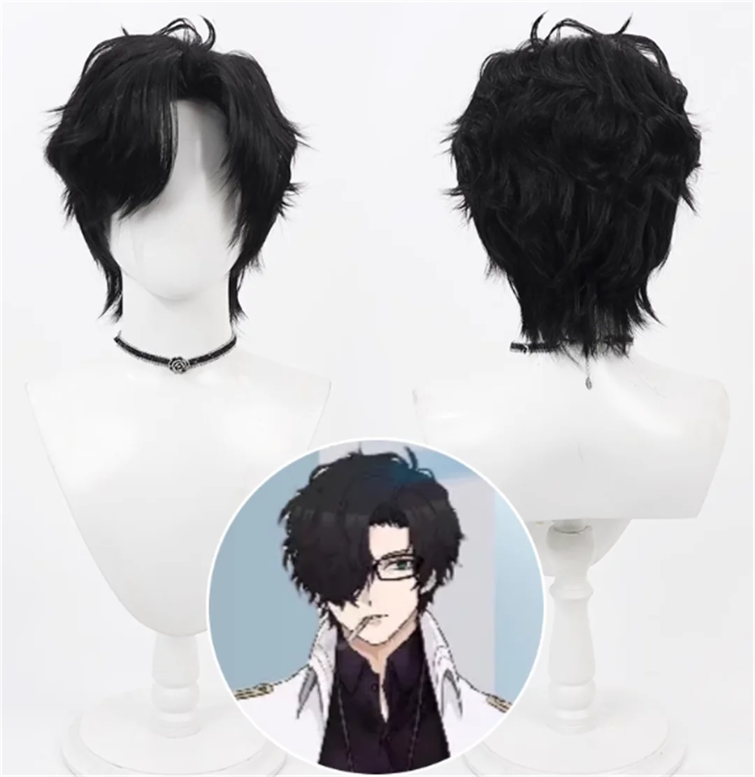 Synthetische Haare Schale Sensei Cosplay Perücken Blue Archive Schale Sensei 30cm Kurze Wellige Schwarze Herren Cosplay Perücke Hitzebeständige Perücken