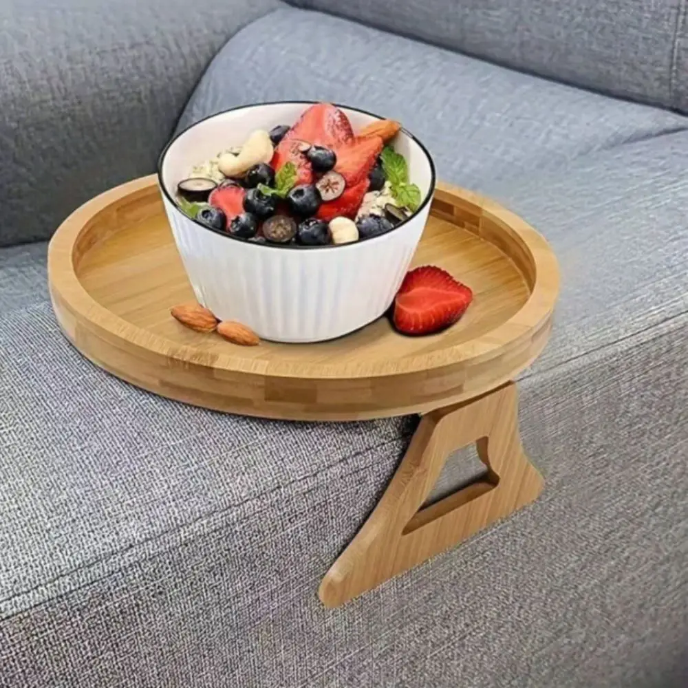 Specific Storage Natural Wooden Sofa Tray Foldable Circular Armrest Tray Portable Bamboo-Wood Color Snack Tray Home Use