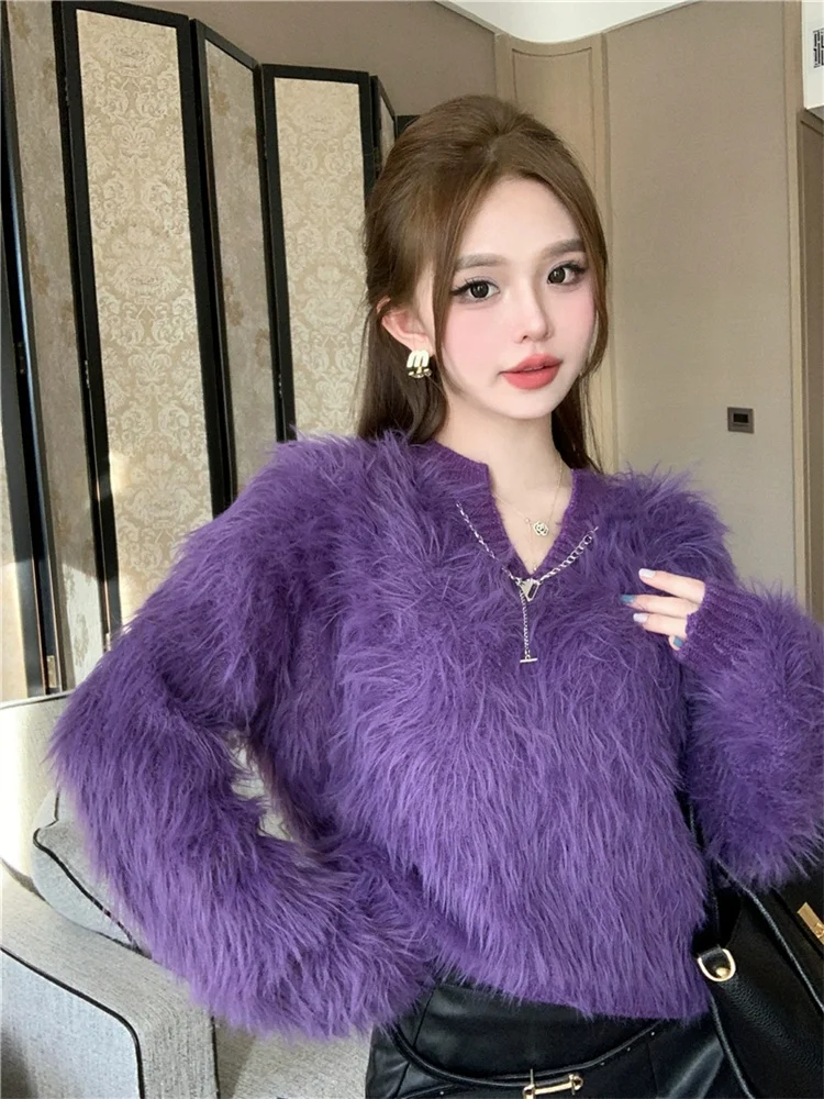 Autumn Lazy Style Women Sweaters Sweet V-neck Faux Mink Furry Knitted Pullovers Fashion Long Sleeved Fluffy Tops Purple Jumpers