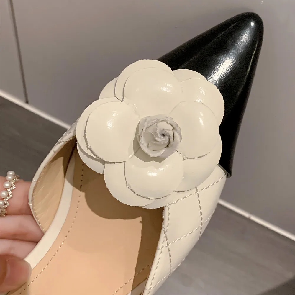 Women\'s genuine leather mix color patchwork pointed toe flats sandals flower decoration korean style casual summer shoes women