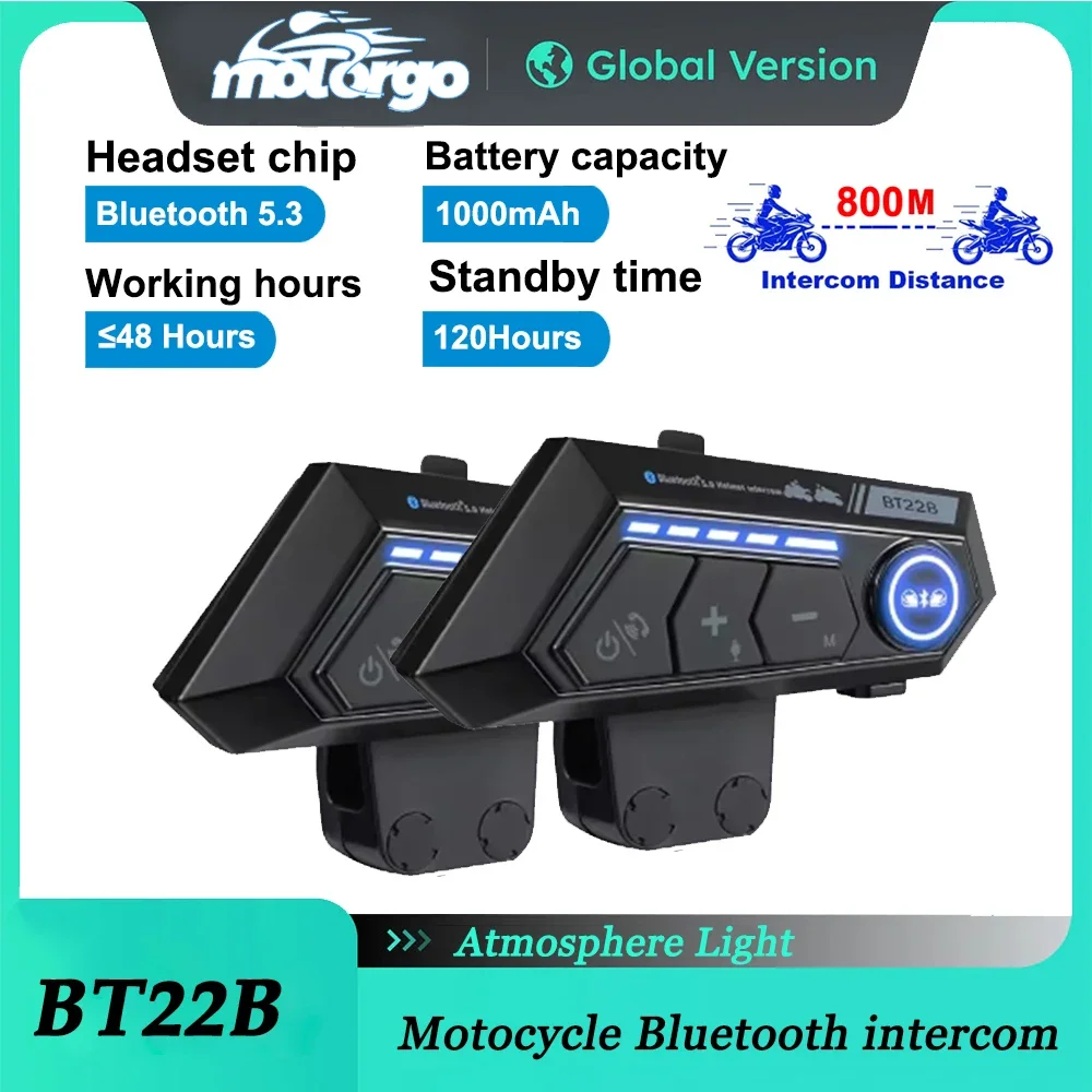 

BT22B Motorcycle Bluetooth Intercom Helmet Headset 800M Stereo 3D Surround Sound with Shocking Bass Support Third-Party Intercom