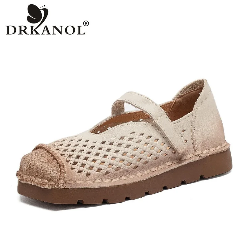 

DRKANOL Fashion Summer Hollow Breathable Flat Shoes Women Handmade Retro Style Soft Big Toe Casual Shoes Woman Chaussure Femme