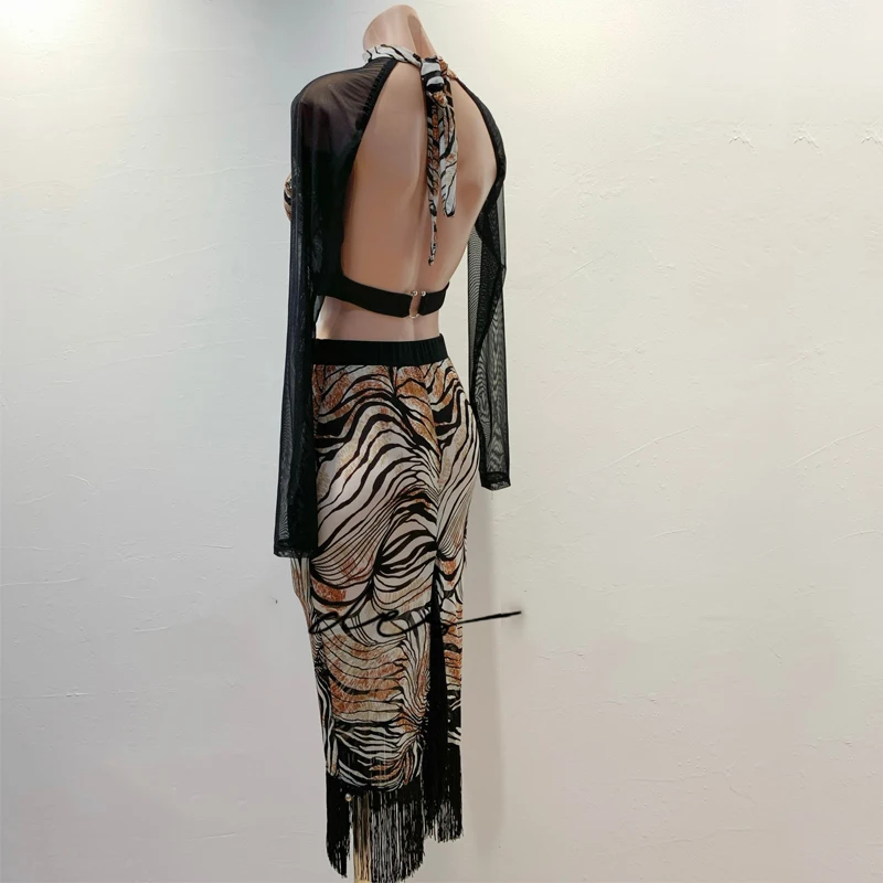 Fashion Women'S Latin Dance Competition Clothes Adults Samba Rumba Latin Dance Leopard Top Tassels Skirt Training Costume 12645