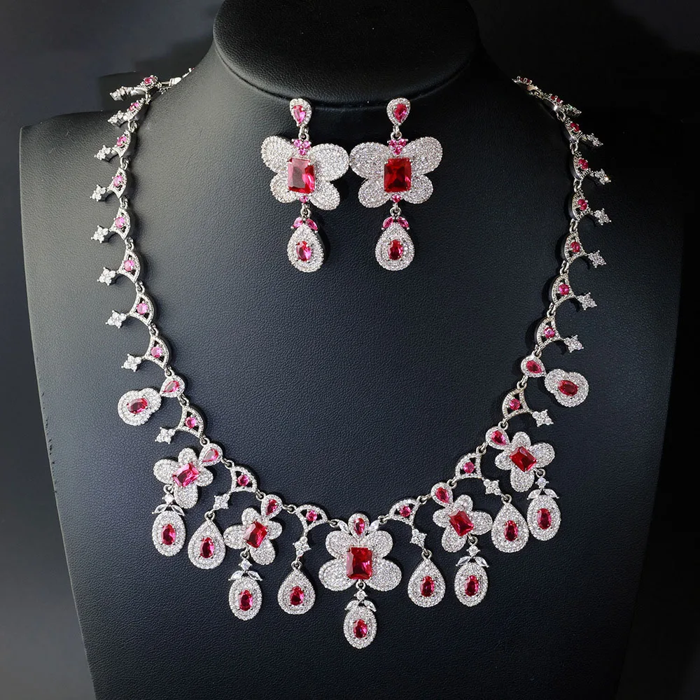 

European and American Style Light Luxury Cute Red Set Necklace Earrings Women's Jewelry Wedding Bride Travel Daily Gift M-1052