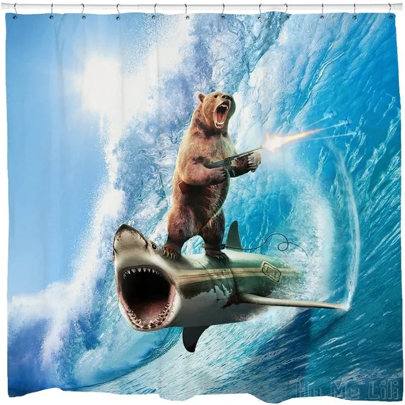 Sharp Shirter Bear By Ho Me Lili Shower Curtain Funny Shark Bathroom Decor Surfing Machine Gun Blue Waves Art Hooks Included