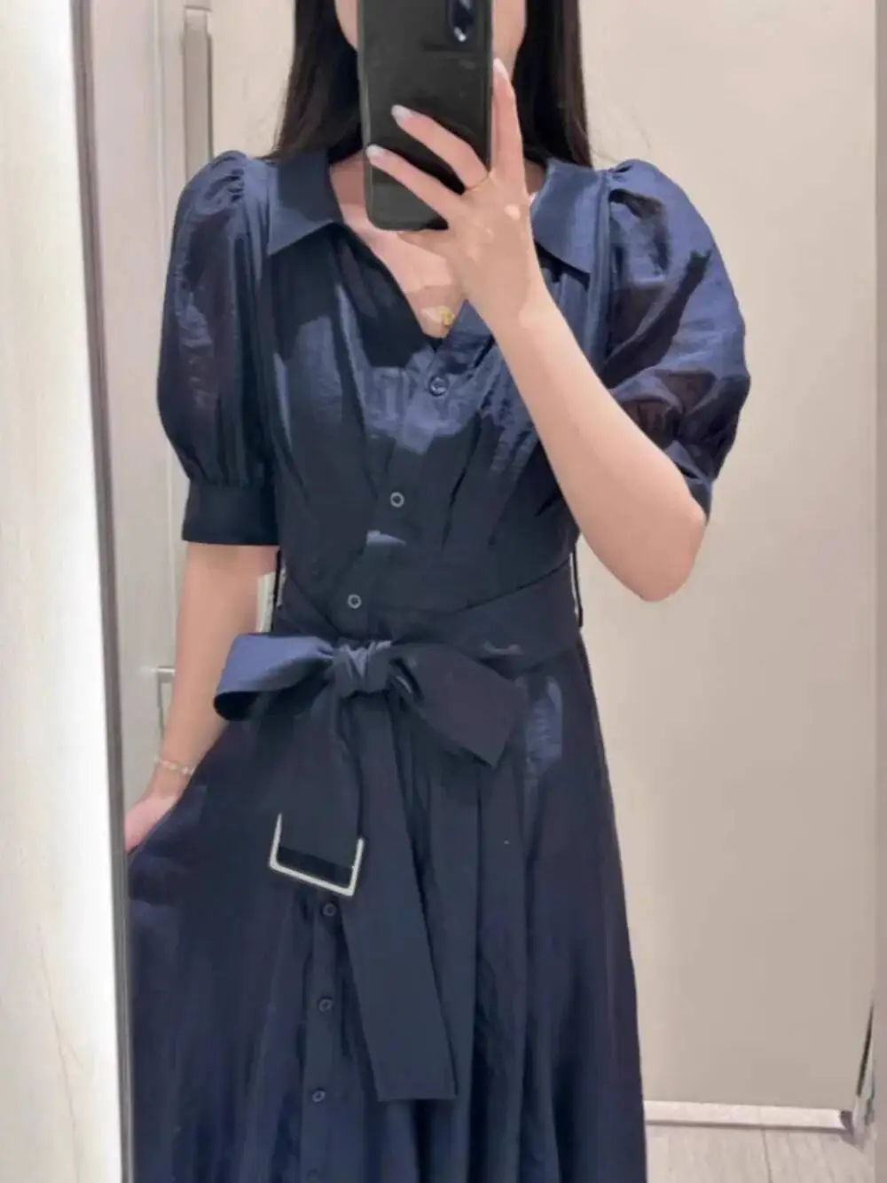 

Sweet Fresh Mid-Length Casual Dress Puff Sleeve Bow Slim Waist Solid Robe Japan New Ball Gown Elegant Literary Vestidos