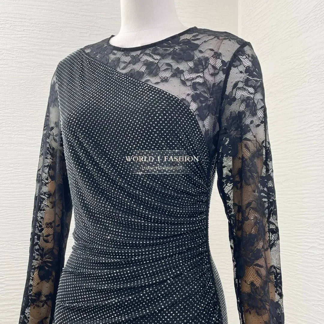 

2025 New Black Sequin Long Sleeve Lace Patchwork Mermaid Fishtail High Slit Midi Dress