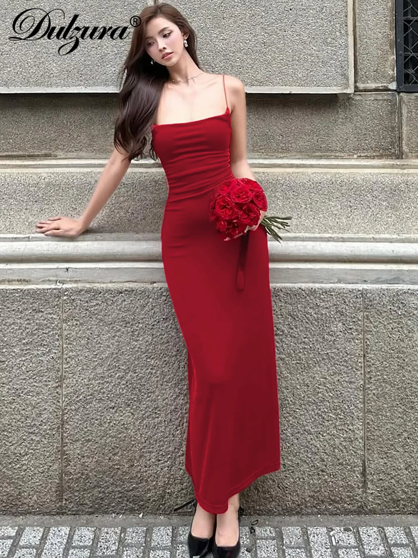 Dulzura Ärmelloses, rückenfreies, schmal geschnittenes, gerüschtes Cami-Maxikleid für Damen, solides, sexy, elegantes langes Kleid, Party, Club, Abschlussball, Sommerkleidung