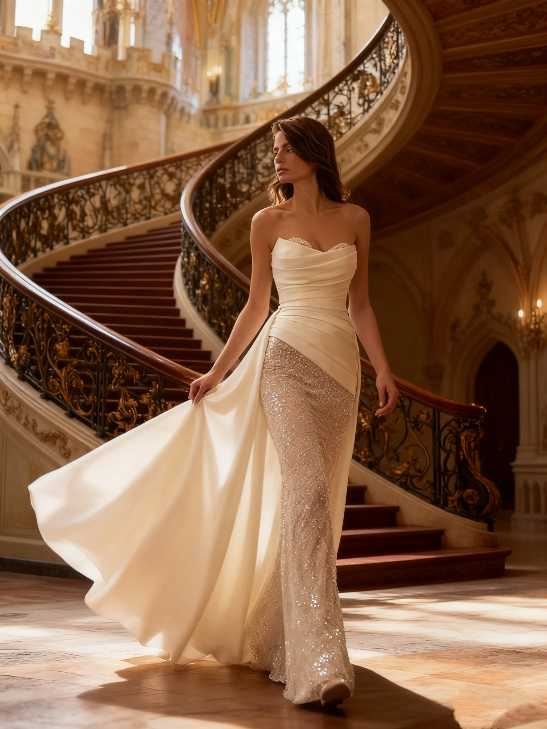 فستان زفاف غمد بدون حمالات مخصص مع خط عنق على شكل قلب من قماش الساتان برباط خلفي بطول الأرض سويب تراين للعروس #3