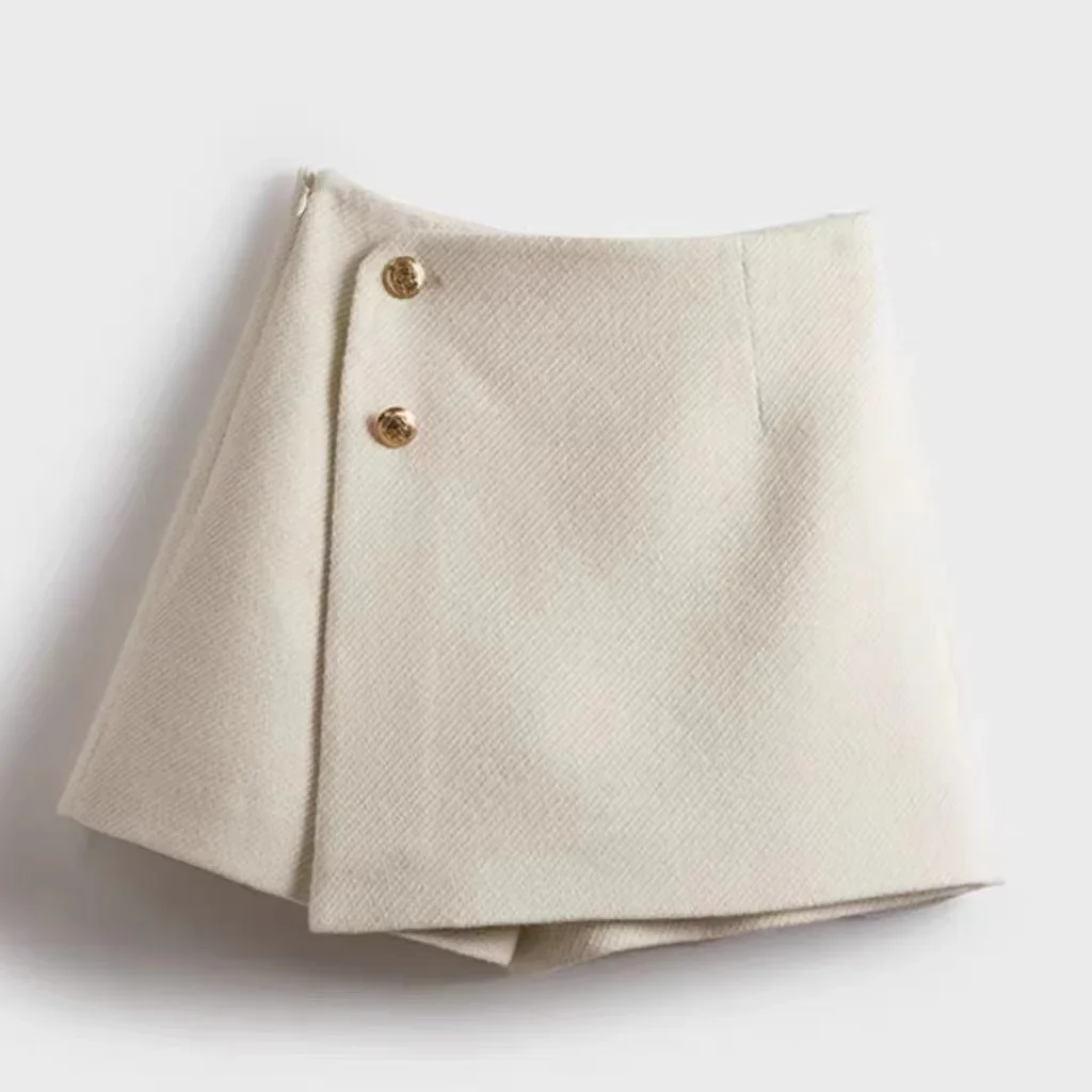 Autumn Winter Patchwork Zipper A-line Shorts Solid High Waist Button A-line Wide Leg Pants Skirt Fashion Casual Women Clothing