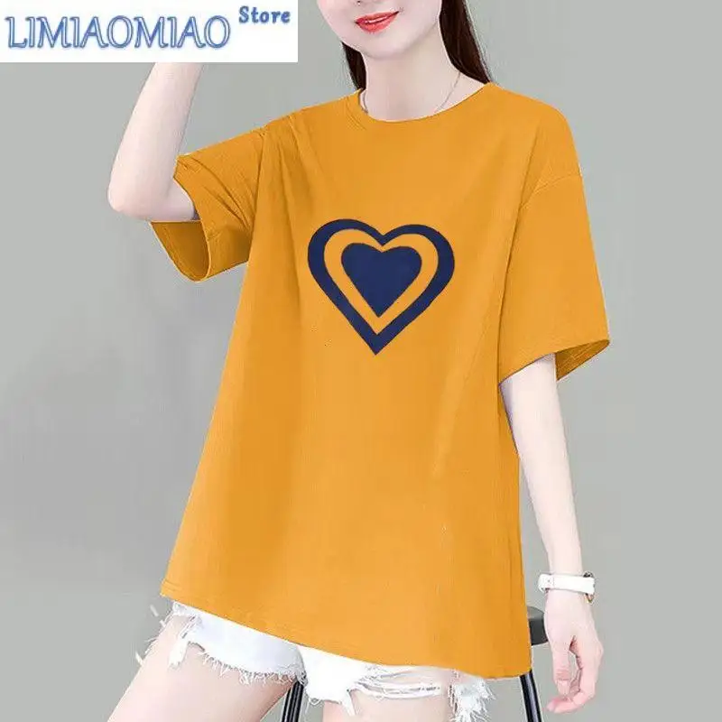 

Fashion Printing Love Loose T-shirt Women Summer Short Sleeve O-collar Cotton High Quality Soft Mid Length Version Lady Top