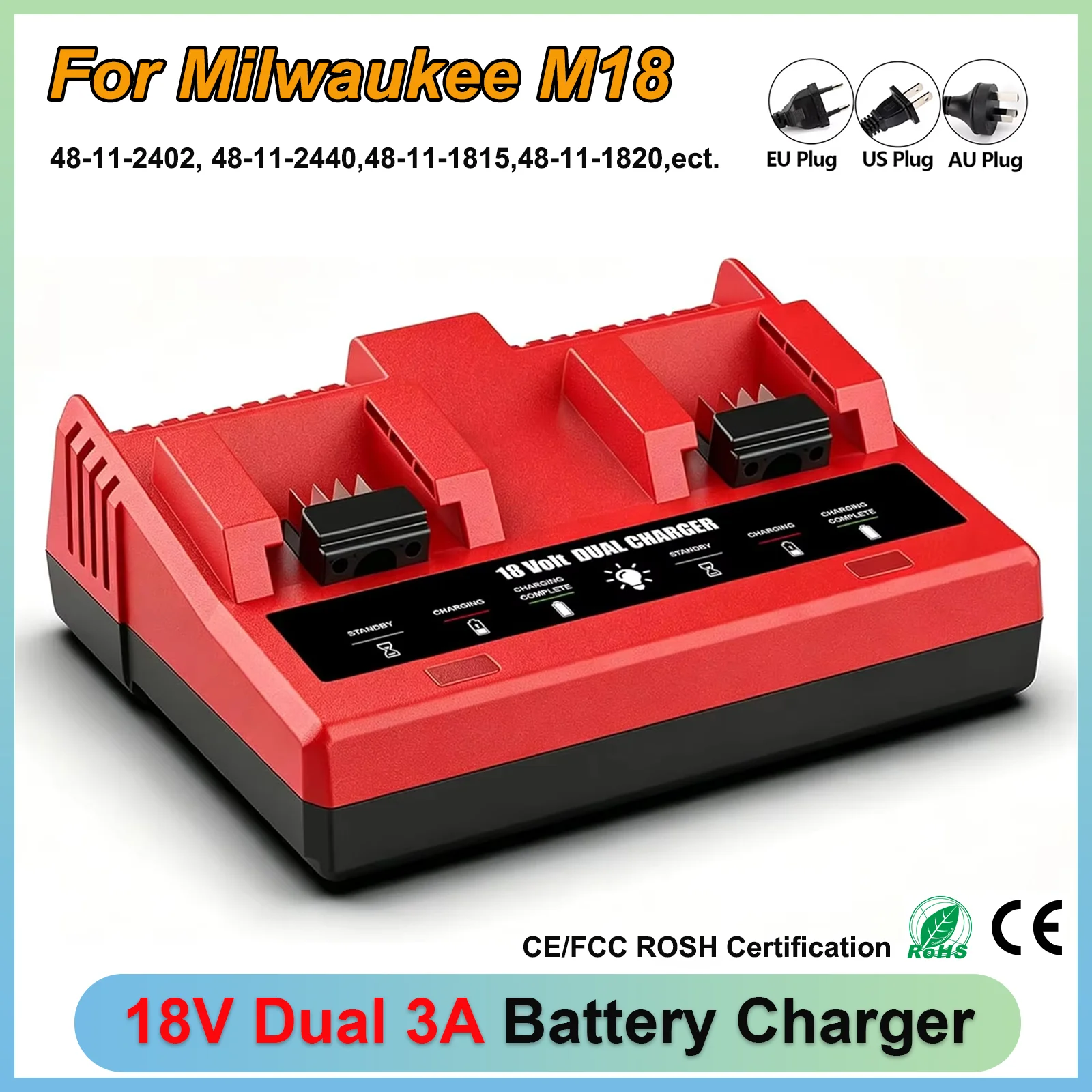 Dual-Port 3A Akkuladegerät für Milwaukee 18V M18 Lithium-Akku 48-11-1815 48-11-1820 48-11-1830 Ladegerät mit Schnellaufladung