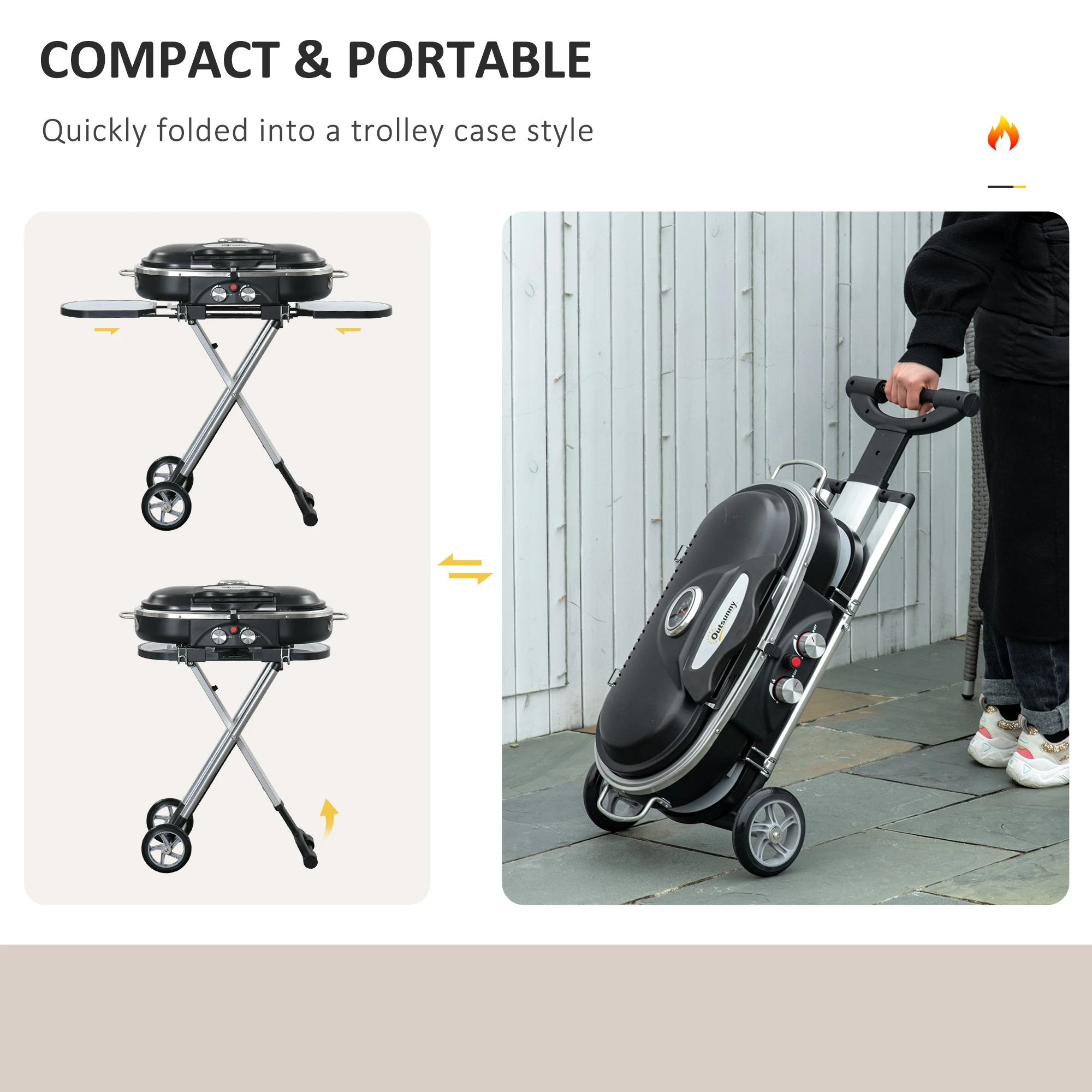 Outsunny Foldable 2 Burner Gas BBQ Grill Trolley w/ Side Shelves Storage Pocket