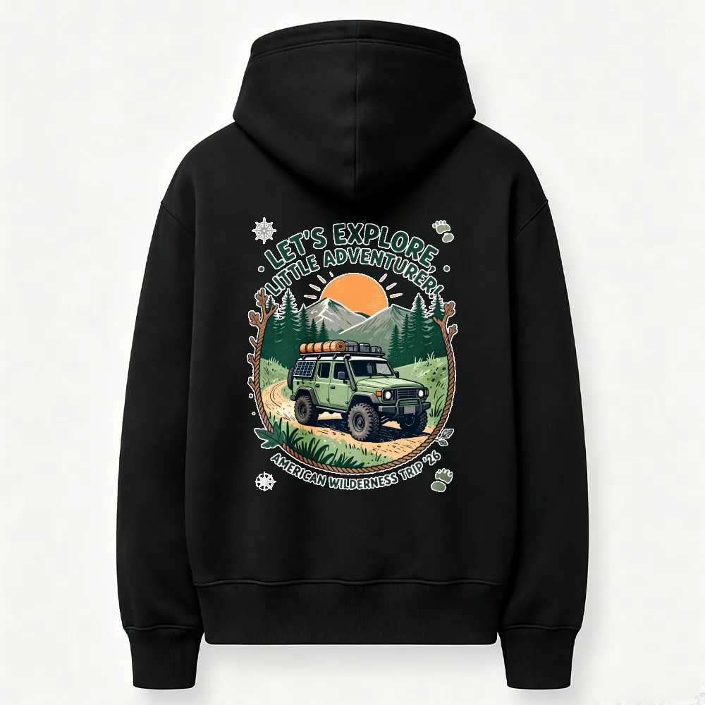 Let's Explore Little Adventurer Off Road SUV Mountain Sunset Forest Graphic Hoodie Front Print Sweatshirt American Wilderness