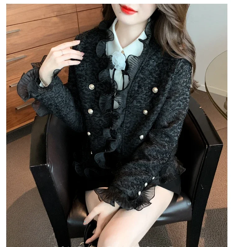 Spring Fall Women Sweet Ladies double breasted buttons white black ruffles patchwork Jacket Coat , Autumn Elegant Woman Coats