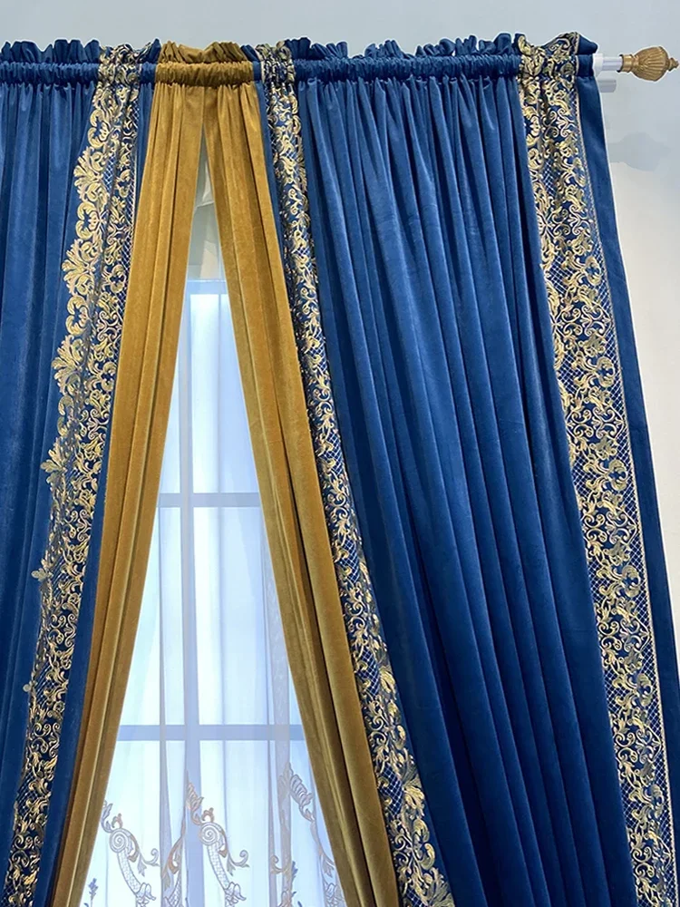 Dark Blue Gold Embroidered Velvet Thickened Curtains for Living Room Bedroom French Window Balcony Embroidered Window Screen