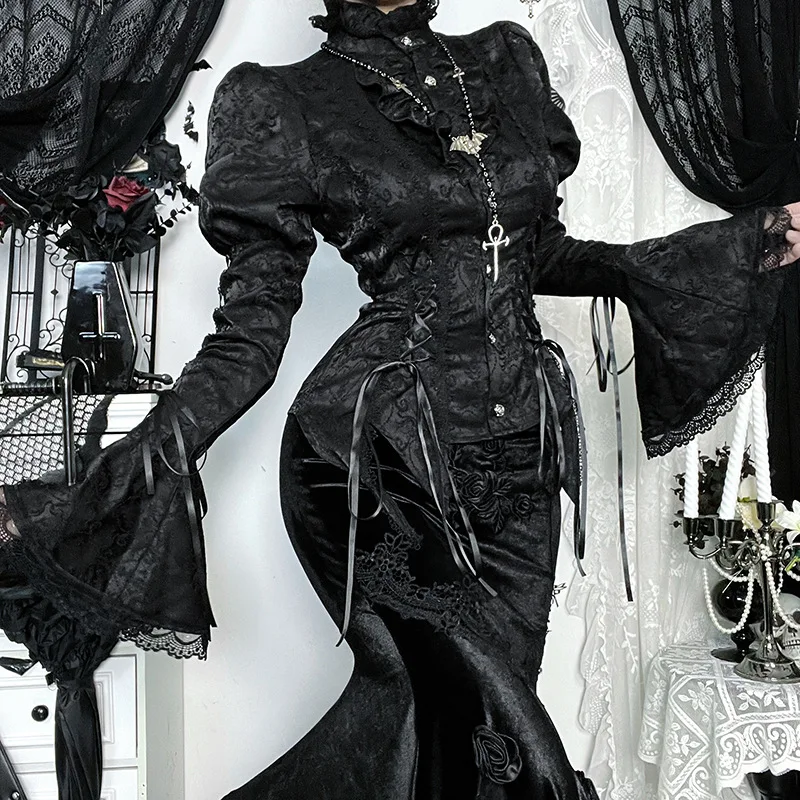 

Halloween Gothic Lolita Shirt Top Women's Flared-sleeve High Neck Tie-fastening Fitted T-Shirt Vintage Y2k 90s Aesthetic Tops